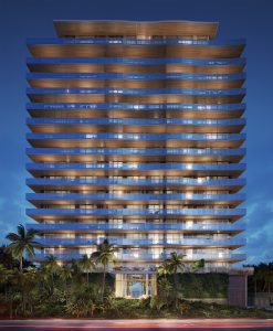 The modern undulating glass façade of 57 Ocean Miami Beach on Millionaire's Row