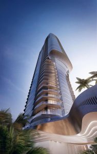 Architectural silhouette of Brickell Waterfront Luxury Condos showcasing the wave design