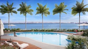 Massive infinity pool overlooking Biscayne Bay at Aria Reserve Miami Waterfront Residences