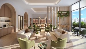 Professional co-working lounge and content creation suites at 600 Miami Worldcenter Airbnb Condos