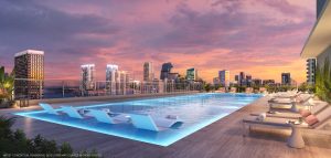 Luxury rooftop swimming pool at 600 Miami Worldcenter Airbnb Condos with panoramic city views