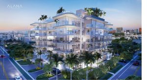 The modern minimalistic glass exterior of Alana Bay Harbor Islands boutique residences