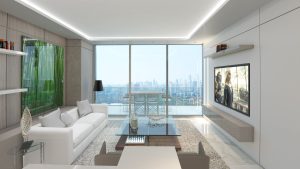 Luxury living room at Oasis Hallandale Beach Mixed-Use Residences featuring imported Italian tile and floor-to-ceiling windows
