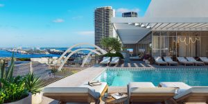 Rooftop infinity pool at 14 ROC Downtown Miami Luxury Condos with Biscayne Bay views