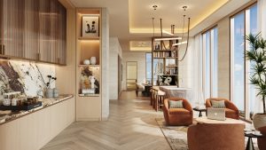 Double-height designer lobby and coworking lounge at 14 ROC Downtown Miami Luxury Condos