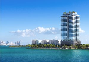 The 28-story architectural silhouette of Pagani Residences Miami rising over North Bay Village
