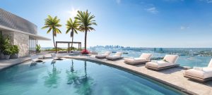 The rooftop pool and sky lounge at Pagani Residences Miami with panoramic bay views.