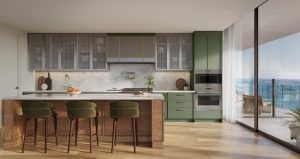 Mario Carbone designed chef's kitchen at Villa Miami Luxury Residences featuring La Cornue ranges