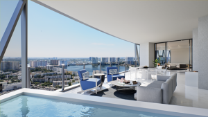 The diamond-shaped glass facade of Bentley Residences Miami featuring luxury oceanfront balconies
